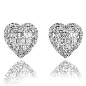 Cute Heart Shape White Gold 925Sterling Silver Iced Baguette Women Stud Earrings